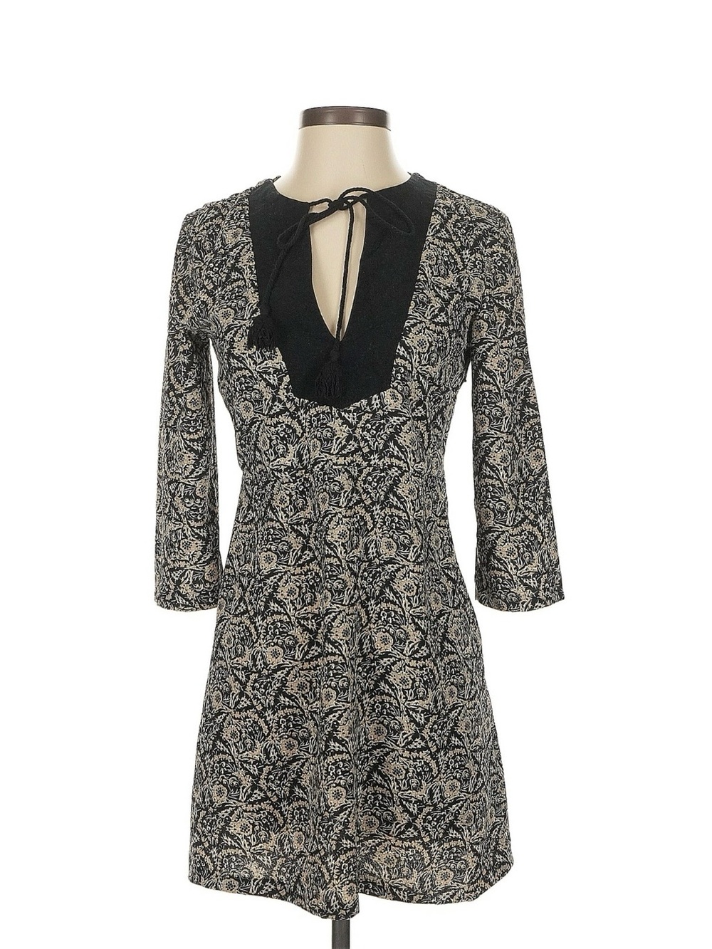 Black and Cream Floral Tie-Neck Dress